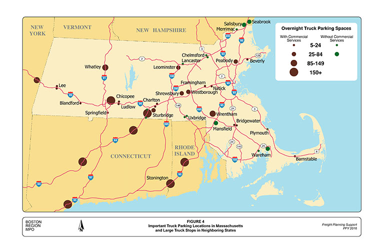 This figure is a map of Lower New England which shows commercial truck stops and public on-highway rest areas and indicates the truck parking capacity at these locations. 
